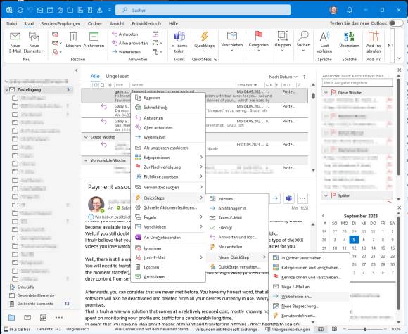 Screenshot zeigt Outlook mit dem Menü zum Erstellen eines QuickSteps