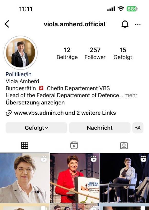 Screenshot des Instagram-Kontos von Viola Amherd 