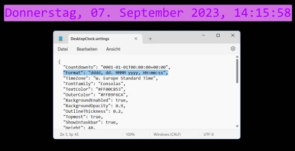 Die Datums- und Zeitangabe, darunter das Einstellungs-File in Notepad