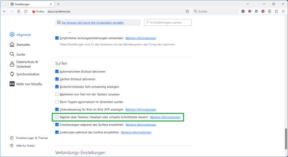 Die Firefox-Einstellungen, um das Bedienelement auszuschalten