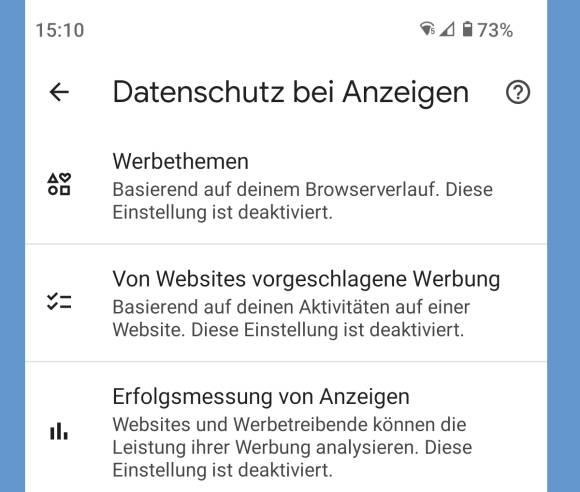 Screenshot zeigt Teil der Datenschutzeinstellungen 