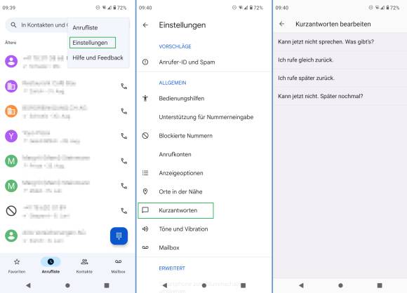 Drei Screenshots zeigen den Weg zum Bearbeiten der Kurzantworten in der Google-Telefon-App 