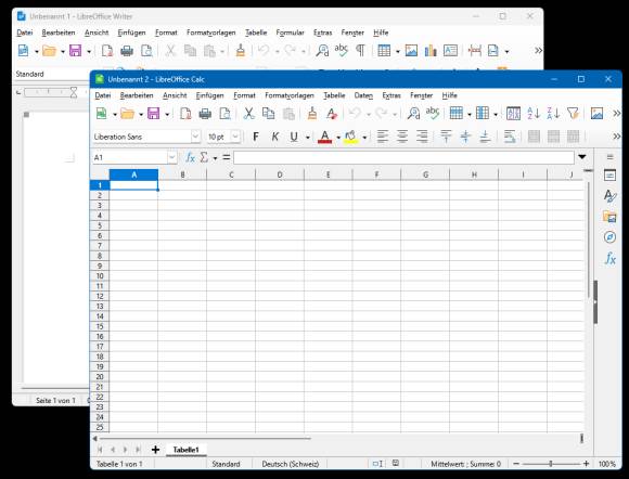 Je ein Fenster von LibreOffice Writer und Calc 