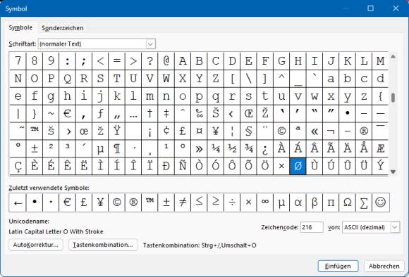 Das Symbol-Fenster zeigt auch das grosse durchgestrichene O 