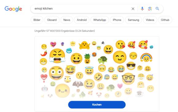 Google-Suche nach "Emoji Kitchen" zeigt viele verschiedene Smilys 