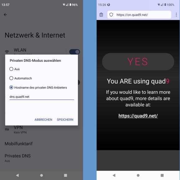 Screenshots der DNS-Einstellung unter Android und der Erfolgsmeldung im Browser