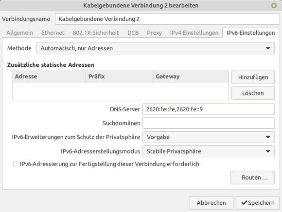 Screenshot der IPv6-Einstellungen unter Linux