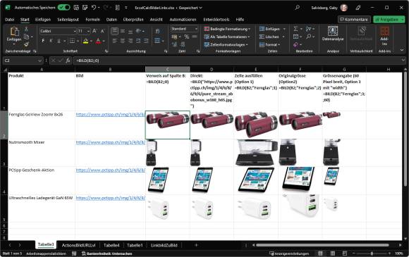Einige Beispiele von möglichen Bildverlinkungen in einer Excel-Tabelle