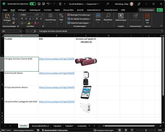 Excel-Beispieltabelle mit einigen verlinkten Bildern 