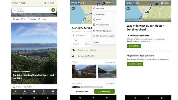 Drei Screenshots aus der Komoot-App 