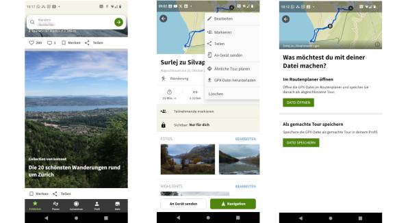 Drei Screenshots aus der Komoot-App 