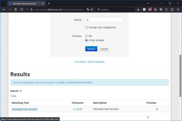 Die Zeichensuchmaschine nennt den Unicode-Wert
