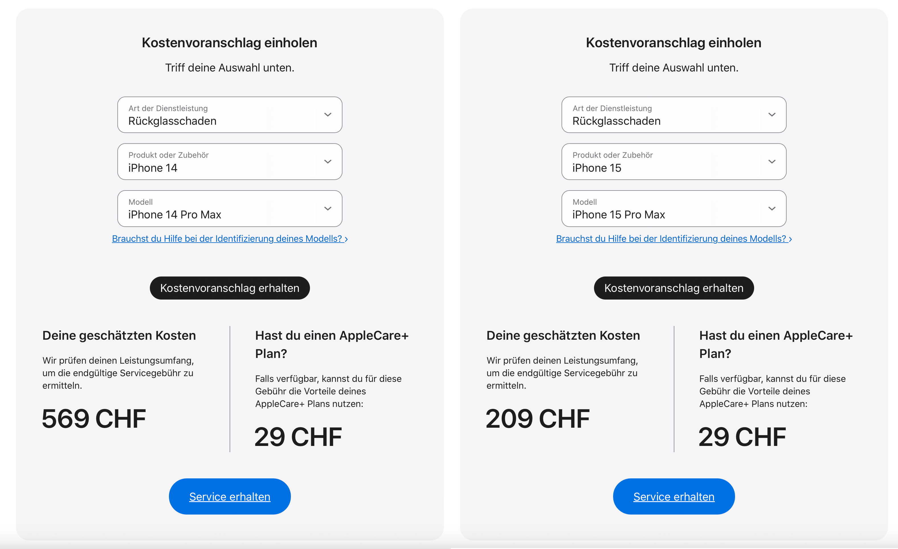 Preise für den Tausch des hinteren Glases