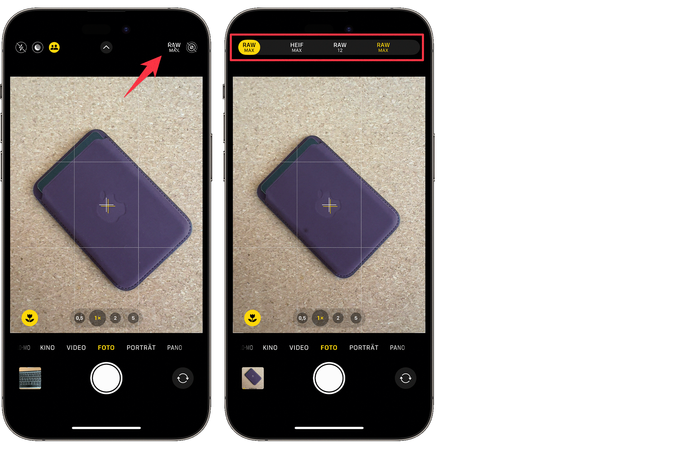 Das Bildformat wird in der Kamera-App ausgewählt