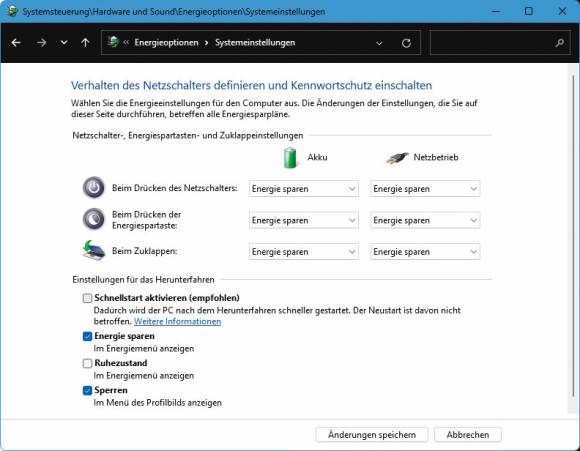 Systemsteuerung mit den Ruhezustands-Einstellungen