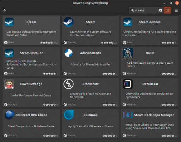 Die Anwendungsverwaltung mit Resultaten zum Suchbegriff "Steam"