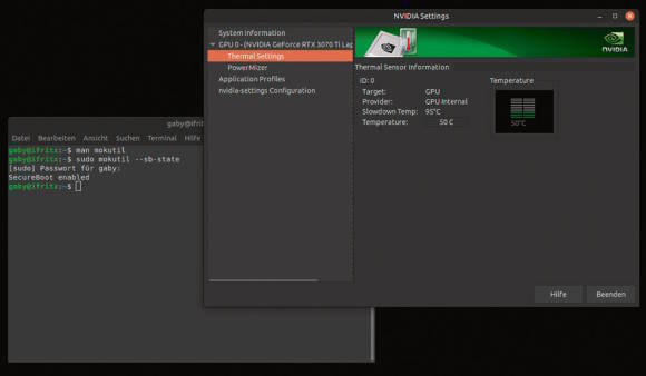 Zwei Fenster zeigen: Nvidia-Treiber läuft, Secure-Boot auch