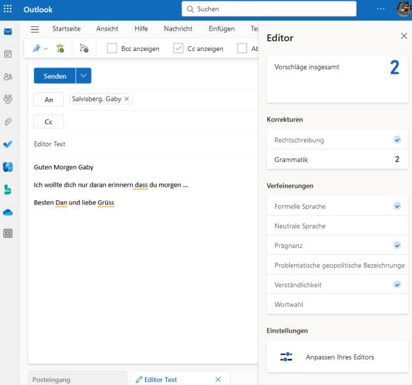 Beispiel eines Outlook-Mail-Entwurfs mit Fehlern 