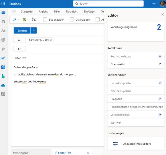 Beispiel eines Outlook-Mail-Entwurfs mit Fehlern 