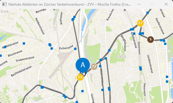 Animiertes GIF zeigt angehefteten Karten-Ausschnitt, auf dem sich die Nummern der Trams und Busse bewegen