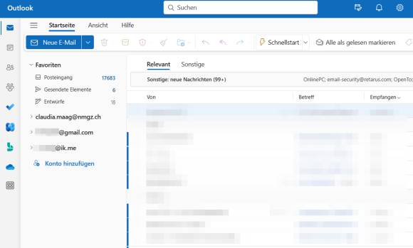 Outlook-Screenshot zeigt, dass ein Microsoft-Konto, ein Gmail- und ein IMAP-Konto eingerichtet sind 