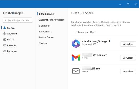 Drei Konten sind vorhanden. Hinter den Konto-Namen gibts eine "Verwalten"-Schaltfläche
