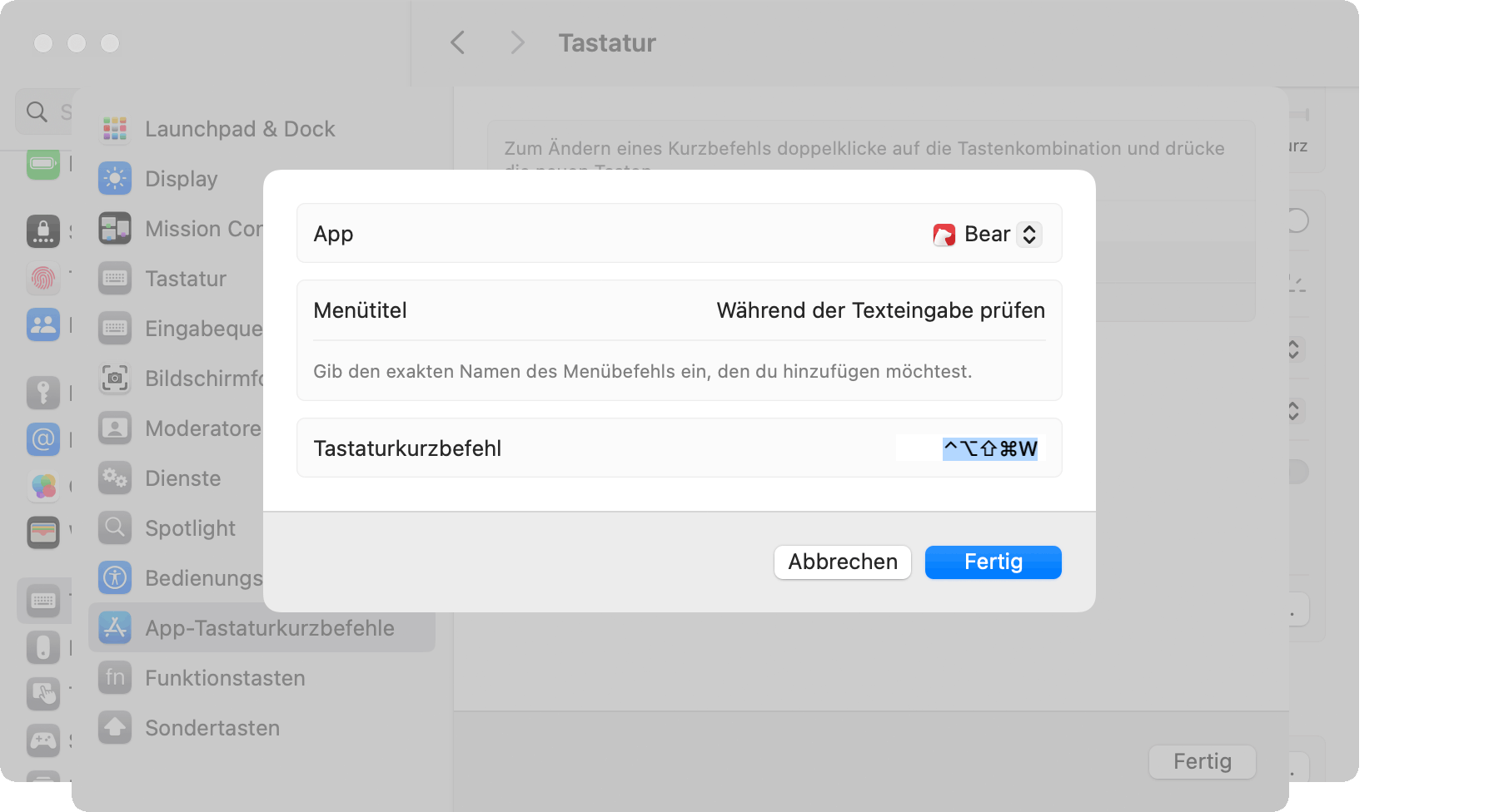 Zuteilung eines Kurzbefehls in den Systemeinstellungen