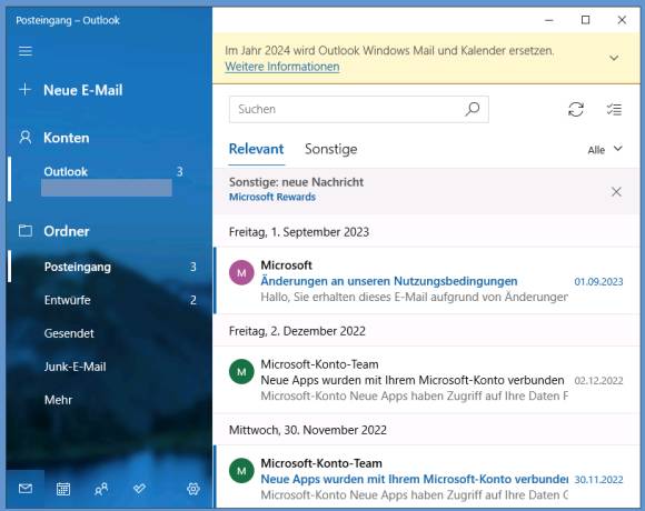 Windows Mail Screenshot zeigt die Info, dass es 2024 von Outlook ersetzt wird 