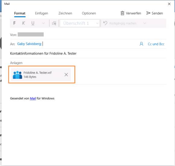 Screenshot zeigt den Mail-Entwurf, der einen VCF-Anhang enthält