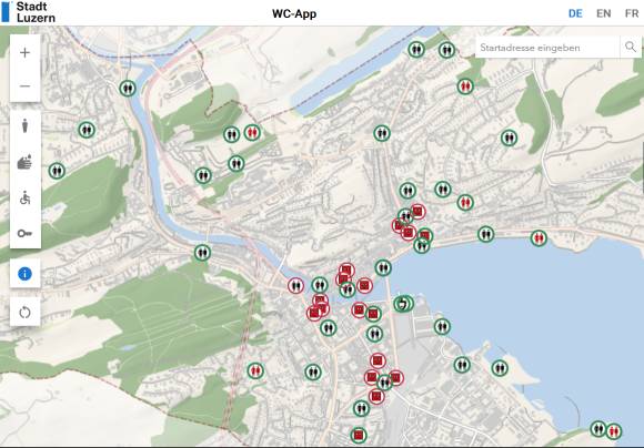 Der digitale Stadtplan zeigt die öffentlichen WC-Anlagen 