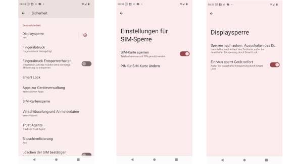 Screenshots der Einstellungen zum Sperren der SIM-Karte und zur Displaysperre