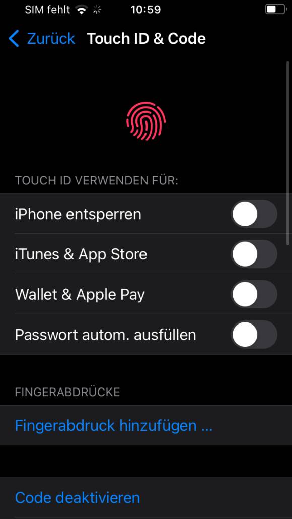 Touch-ID- und Code-Einstellungen auf einem iPhone