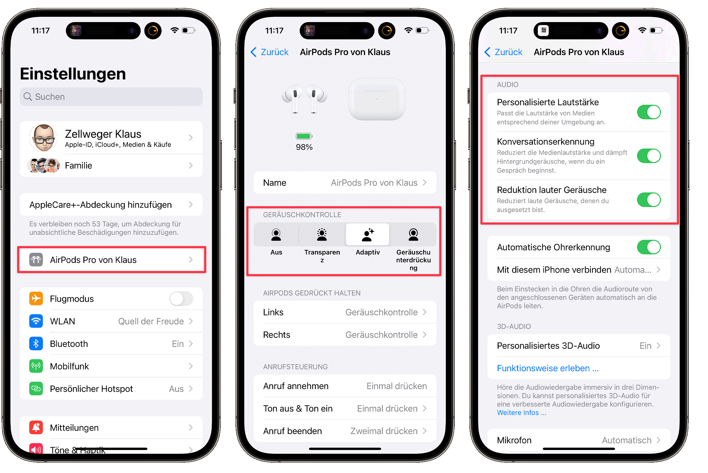 Screenshots der AirPods-Pro-Einstellungen