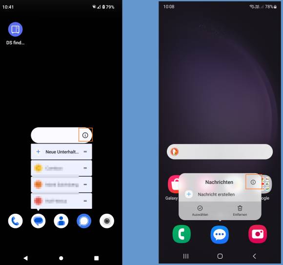App-Kontextmenü auf einem Standard-Android-Gerät und auf einem Samsung-Smartphone