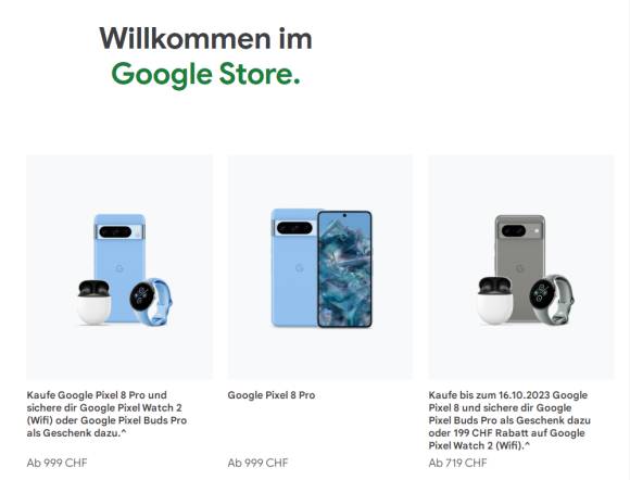 Screenshot zeigt die Pixel-Smartphones im Google Store 