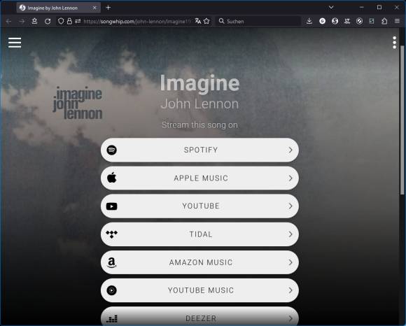 Die Landing-Page des Songs "Imagine" von John Lennon
