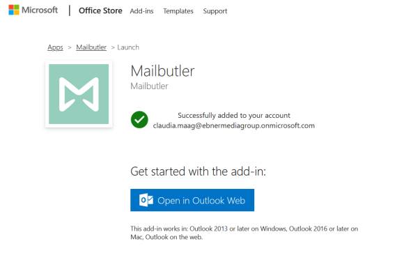 Mailbutler herunterladen und danach mit Outlook für Web öffnen