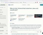 Screenshot zeigt Perplexity.ai mit Beantwortung der Frage nach dem Unterschied zwischen Java und JavaScript