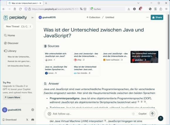 Screenshot zeigt Perplexity.ai mit Beantwortung der Frage nach dem Unterschied zwischen Java und JavaScript 