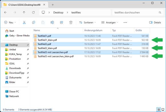 Ein Explorerfenster enthält 6 PDF-Dateien. Drei davon mit dem Namens-Zusatz "klein" 
