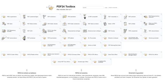 Screenshot zeigt die vielen Werkzeuge von PDF24 