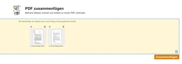 Screenshot zeigt das gelbe Feld, in das Sie die PDFs per Maus ziehen können