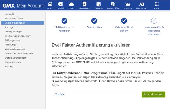 Die 2FA in GMX muss aktiviert werden 