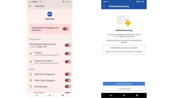 Android-Einstellungen für GMX-App und Sicherheitswarnung