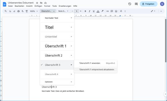 Der Screenshot zeigt, wie bei der Überschrift 3 das Format zugewiesen wird