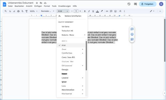 Ein Google-Docs Dokument und das geöffnete Schriften-Menü 