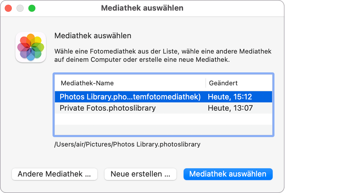 Auswahl der Mediathek beim Start von Fotos