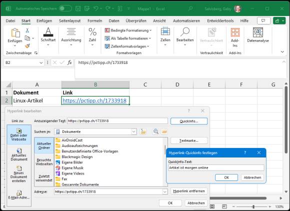 Screenshot zeigt Eingabe eines Quick-Info-Texts in Excel