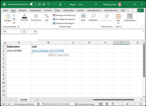 Ein Hyperlink in Excel, über dem ein kleiner Info-Text erscheint 