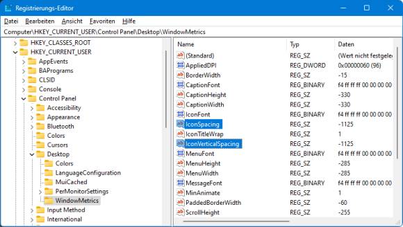 Der Registry-Editor mit den beiden Werten für die Symbolabstände